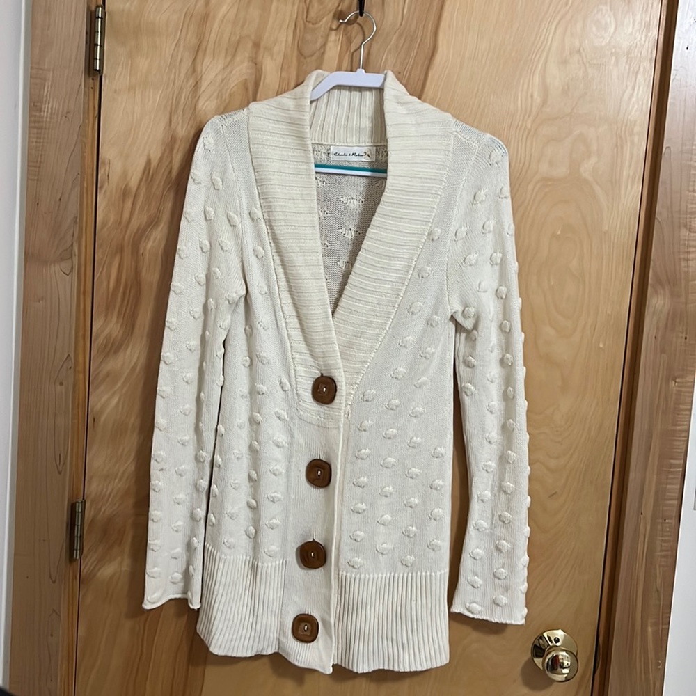 Anthropologie Cream Bubble Cardigan with Wooden Buttons by Charlie and Robin